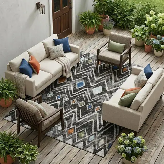 Black And Brown Geometric Washable Indoor Outdoor Area Rug Photo 1