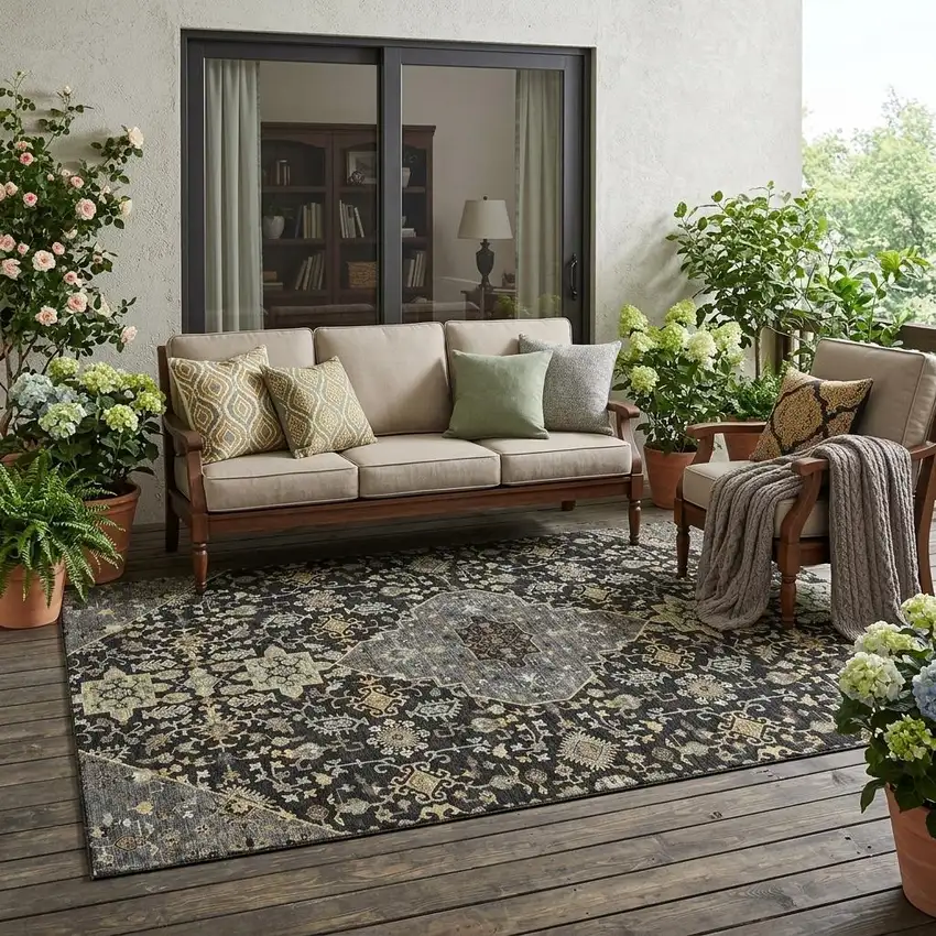 Black And Brown Medallion Washable Indoor Outdoor Area Rug Photo 1
