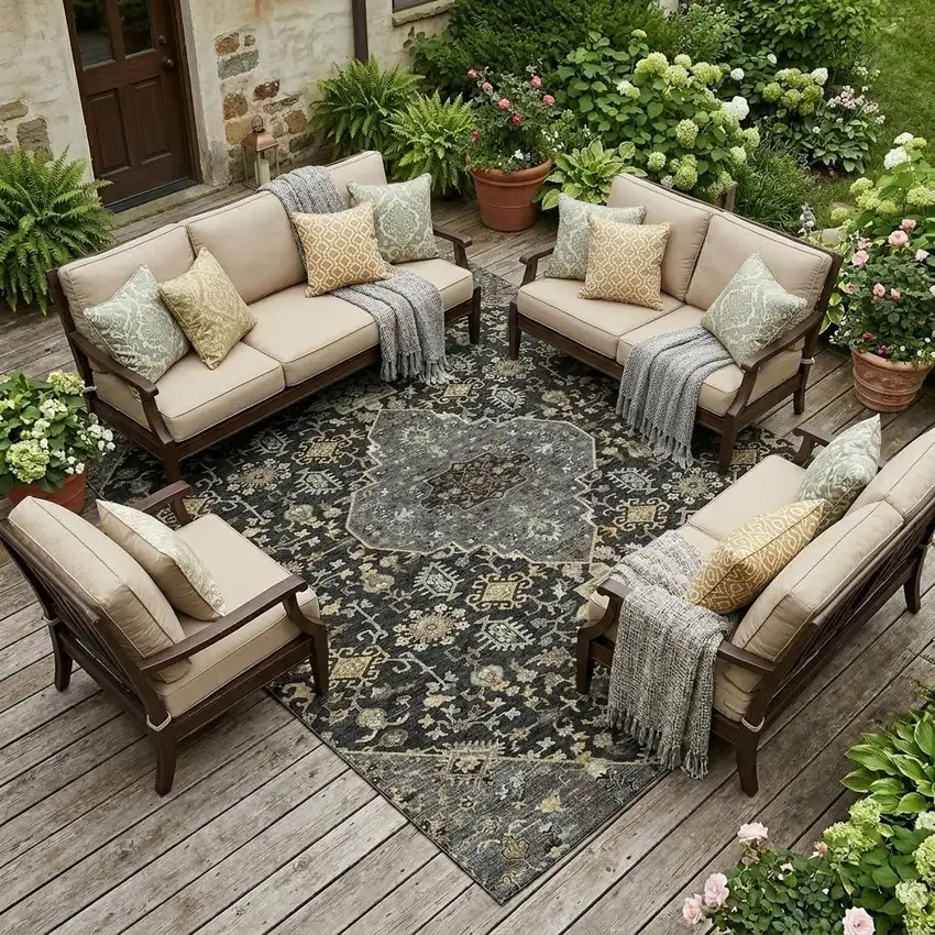 Black And Brown Medallion Washable Indoor Outdoor Area Rug Photo 1