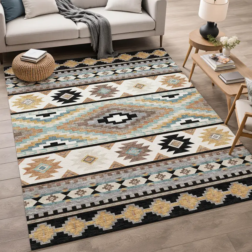 Black And Brown Southwestern Washable Indoor Outdoor Area Rug Photo 5