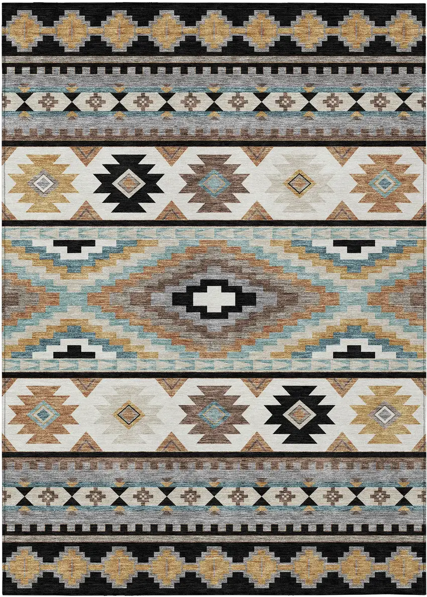 Black And Brown Southwestern Washable Indoor Outdoor Area Rug Photo 1