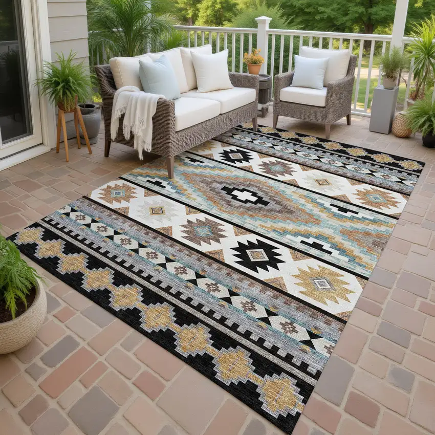 Black And Brown Southwestern Washable Indoor Outdoor Area Rug Photo 4