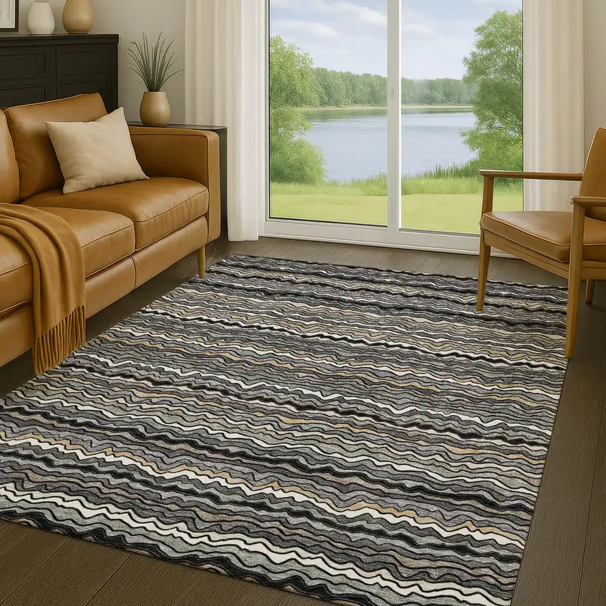 Black And Brown Striped Washable Indoor Outdoor Area Rug Photo 5