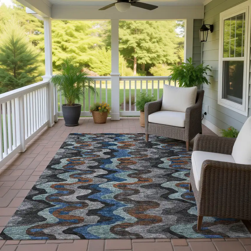 Black And Charcoal Abstract Washable Indoor Outdoor Area Rug Photo 4