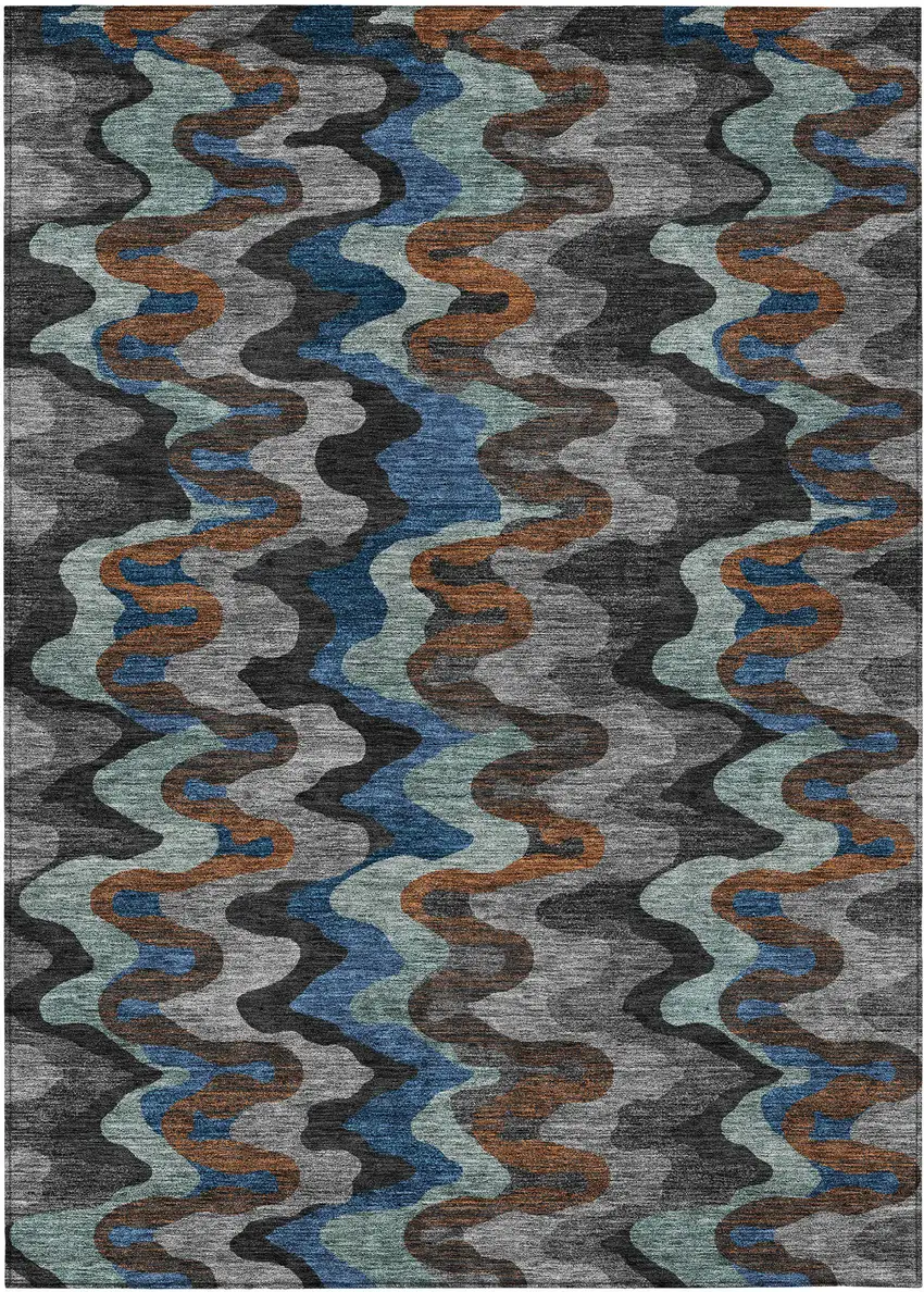 Black And Charcoal Abstract Washable Indoor Outdoor Area Rug Photo 1