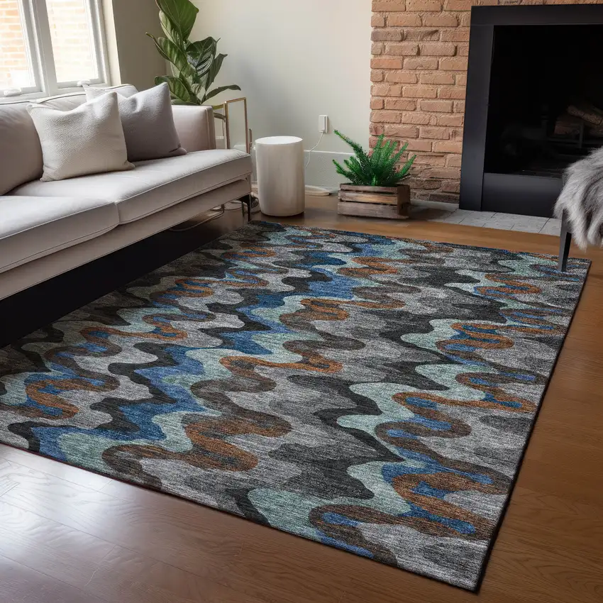 Black And Charcoal Abstract Washable Indoor Outdoor Area Rug Photo 5