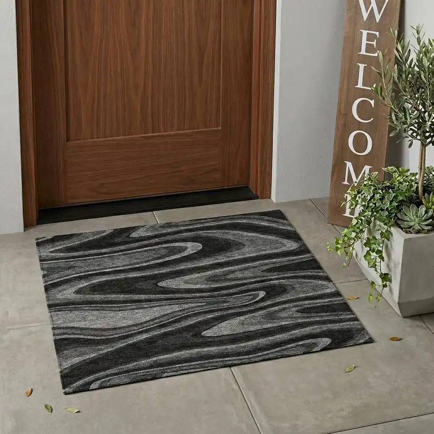 Black And Charcoal Abstract Washable Indoor Outdoor Area Rug Photo 1