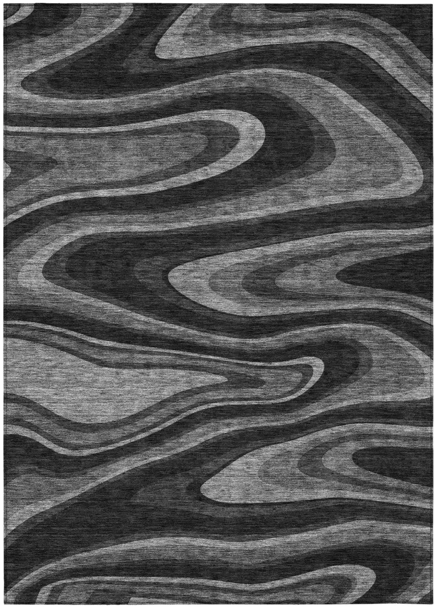 Black And Charcoal Abstract Washable Indoor Outdoor Area Rug Photo 2