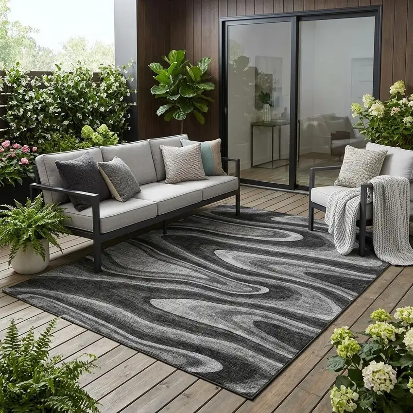 Black And Charcoal Abstract Washable Indoor Outdoor Area Rug Photo 1