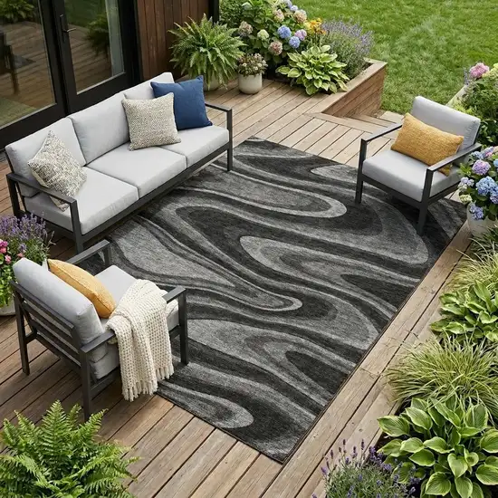Black And Charcoal Abstract Washable Indoor Outdoor Area Rug Photo 1
