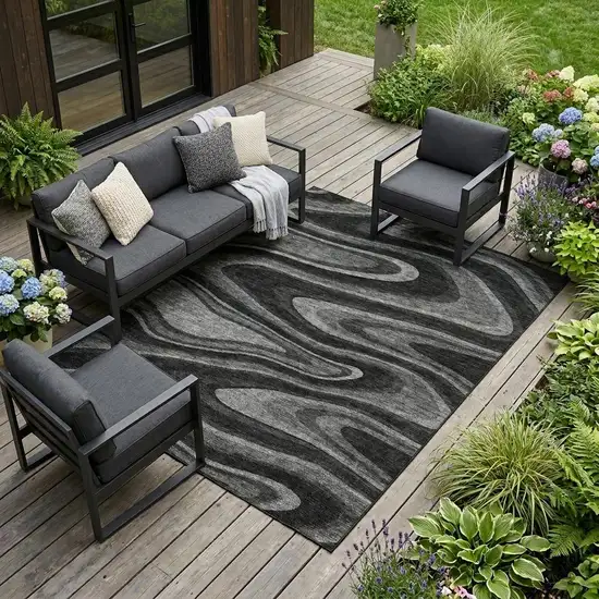 Black And Charcoal Abstract Washable Indoor Outdoor Area Rug Photo 1