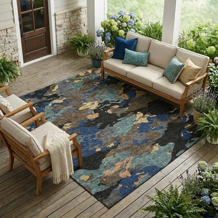 Black And Charcoal Abstract Washable Indoor Outdoor Area Rug Photo 1