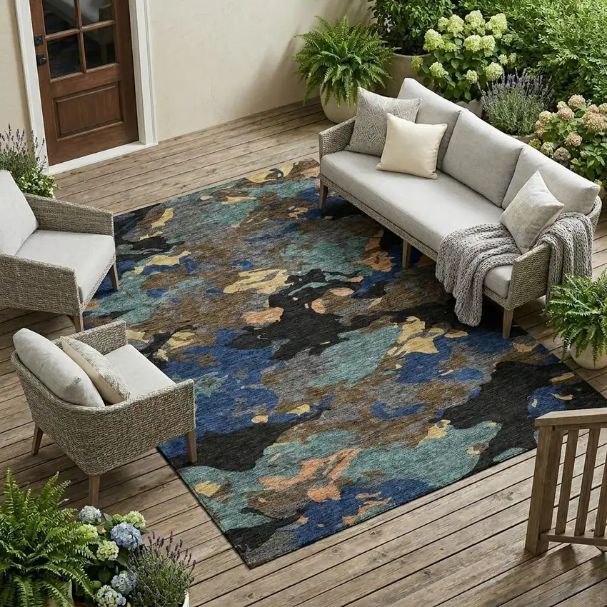 Black And Charcoal Abstract Washable Indoor Outdoor Area Rug Photo 1