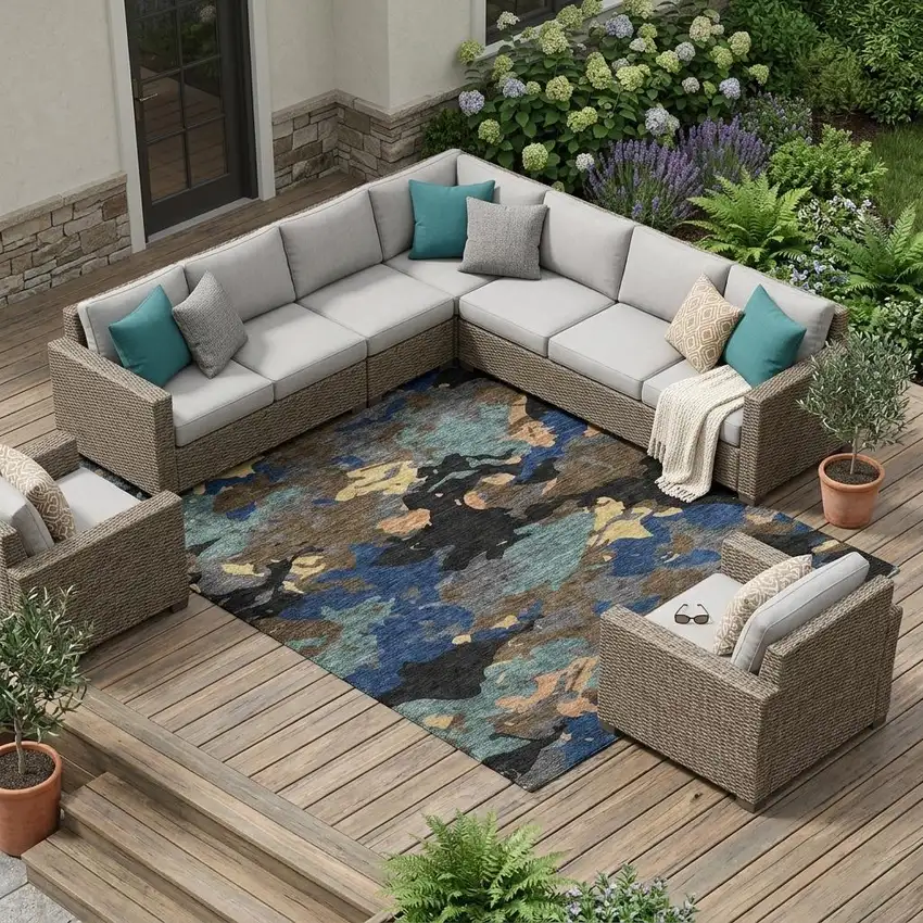 Black And Charcoal Abstract Washable Indoor Outdoor Area Rug Photo 1