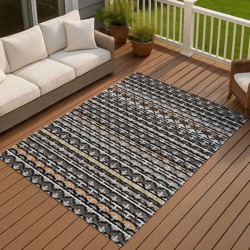 Black And Charcoal Damask Washable Indoor Outdoor Area Rug Photo 7