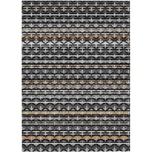 Photo of Black And Charcoal Damask Washable Indoor Outdoor Area Rug