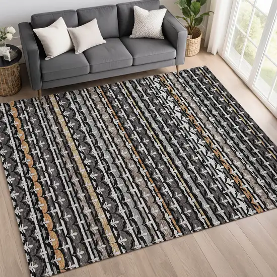 Black And Charcoal Damask Washable Indoor Outdoor Area Rug Photo 6