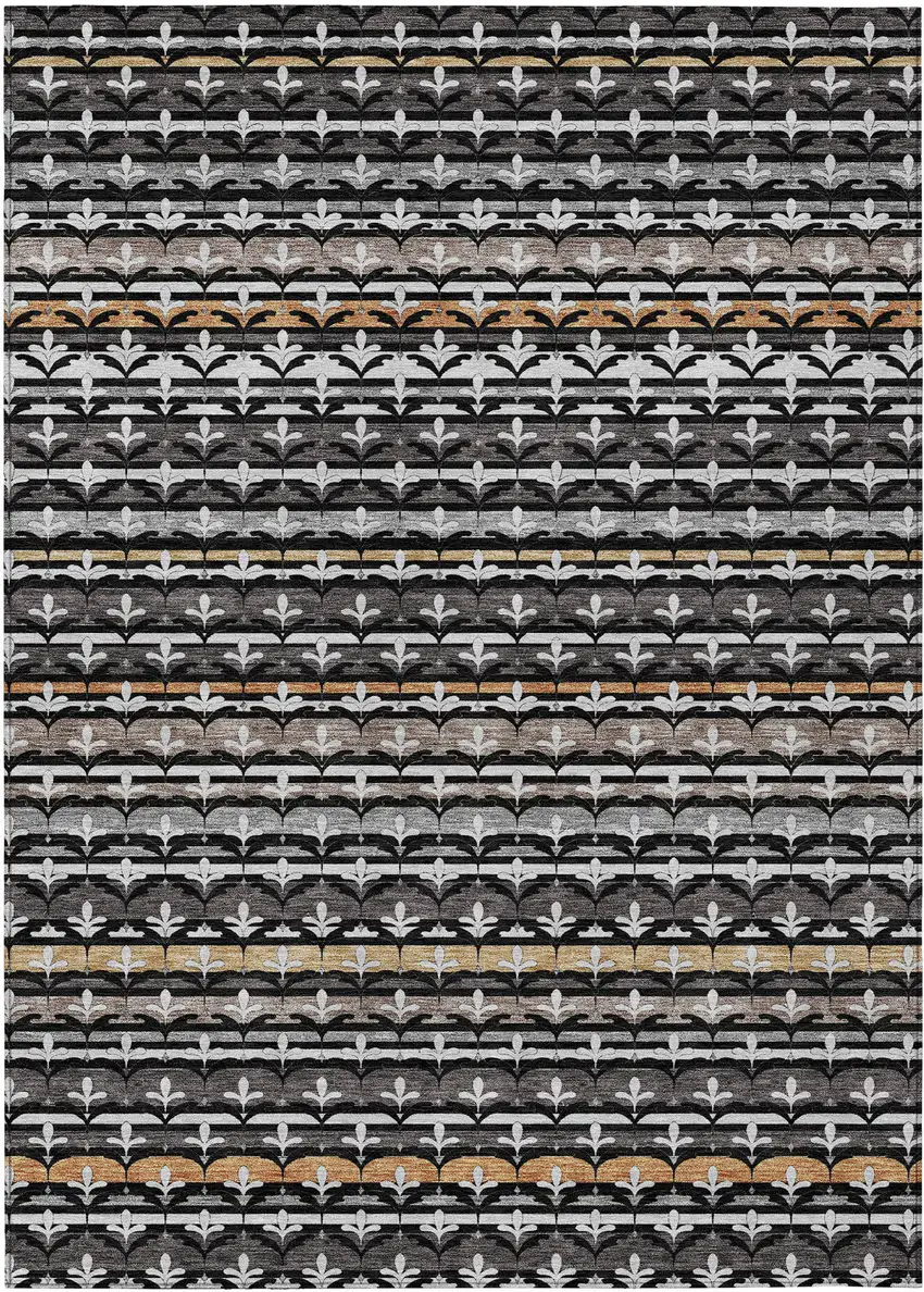 Black And Charcoal Damask Washable Indoor Outdoor Area Rug Photo 1