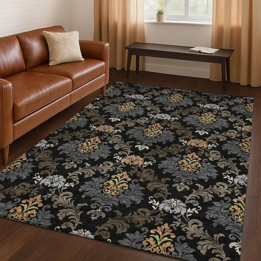 Black And Charcoal Damask Washable Indoor Outdoor Area Rug Photo 5