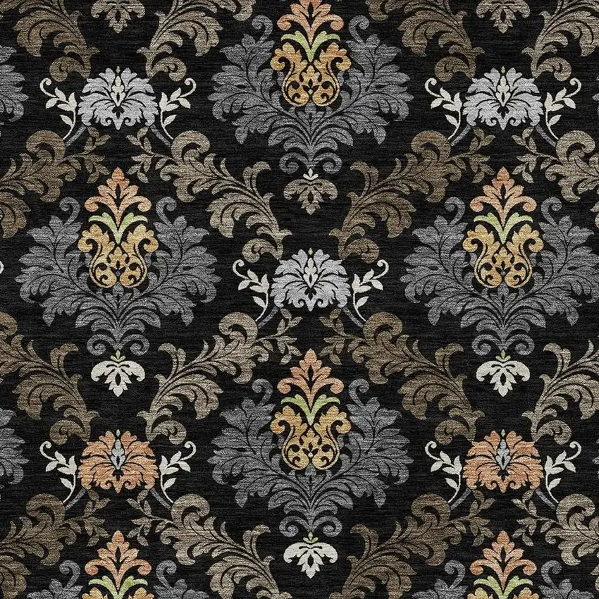 Black And Charcoal Damask Washable Indoor Outdoor Area Rug Photo 2