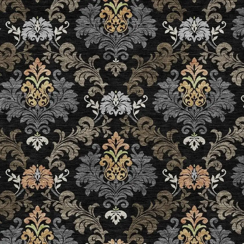 Black And Charcoal Damask Washable Indoor Outdoor Area Rug Photo 2