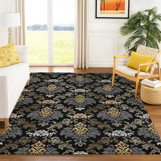 Black And Charcoal Damask Washable Indoor Outdoor Area Rug Photo 6
