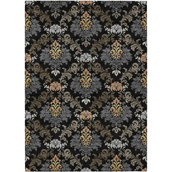 Black And Charcoal Damask Washable Indoor Outdoor Area Rug Photo 1