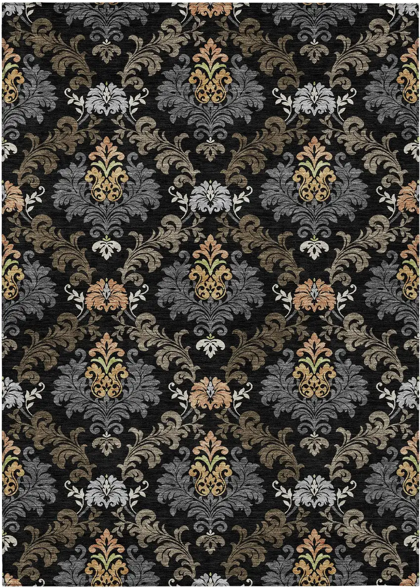 Black And Charcoal Damask Washable Indoor Outdoor Area Rug Photo 1