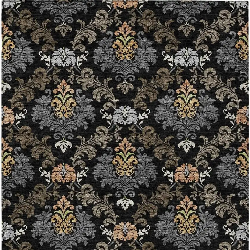 Black And Charcoal Damask Washable Indoor Outdoor Area Rug Photo 3