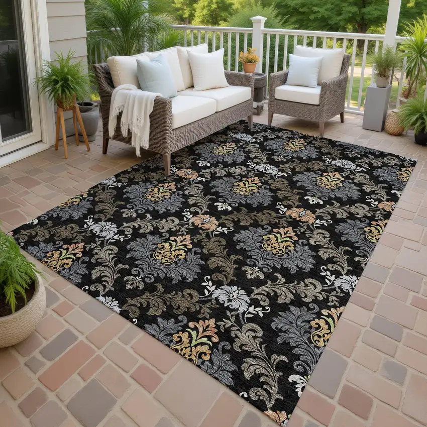 Black And Charcoal Damask Washable Indoor Outdoor Area Rug Photo 4
