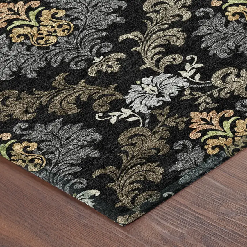 Black And Charcoal Damask Washable Indoor Outdoor Area Rug Photo 8