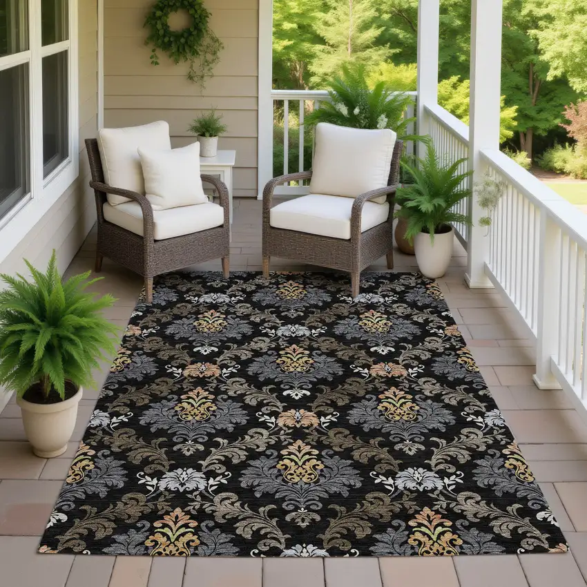 Black And Charcoal Damask Washable Indoor Outdoor Area Rug Photo 7