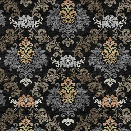 Black And Charcoal Damask Washable Indoor Outdoor Area Rug Photo 2