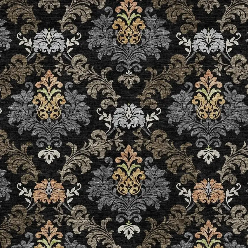 Black And Charcoal Damask Washable Indoor Outdoor Area Rug Photo 2