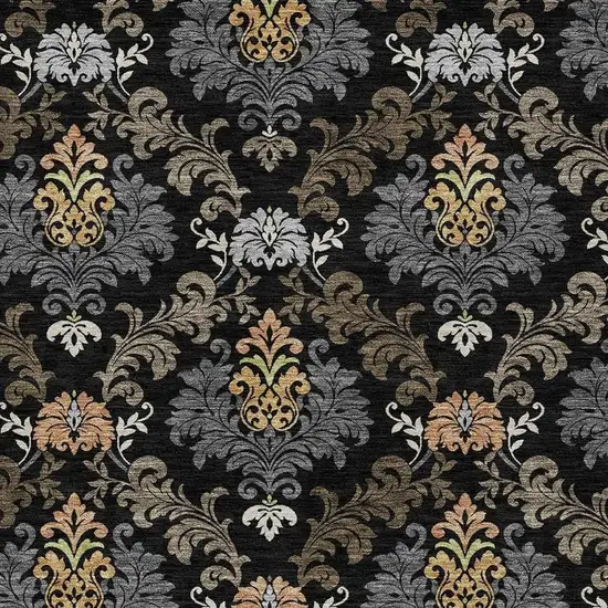 Black And Charcoal Damask Washable Indoor Outdoor Area Rug Photo 2