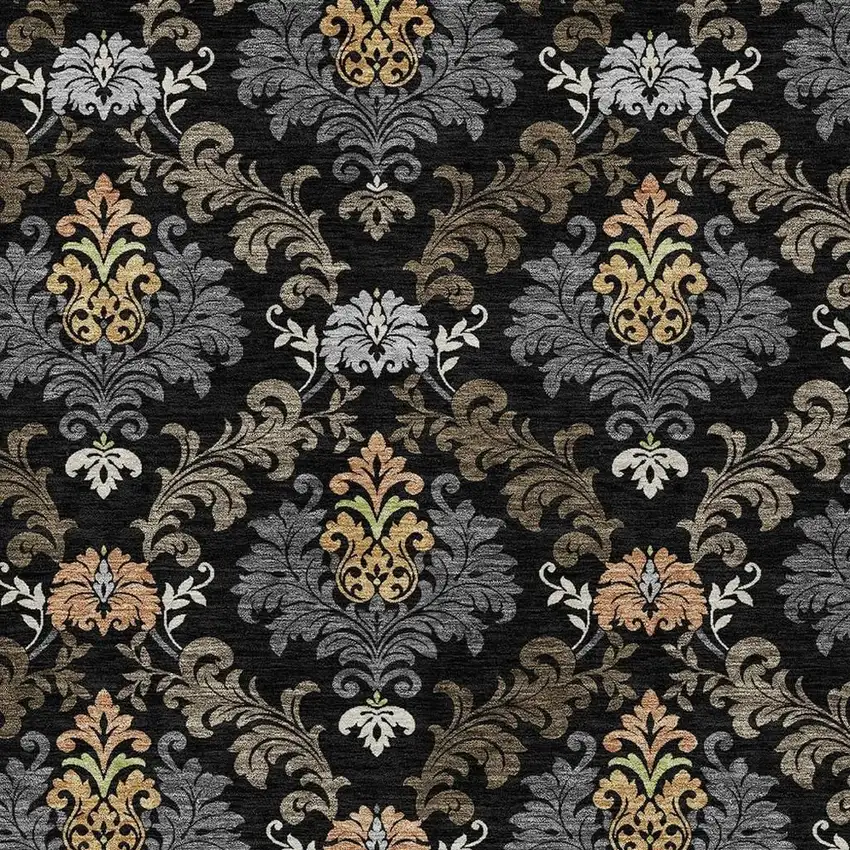 Black And Charcoal Damask Washable Indoor Outdoor Area Rug Photo 2