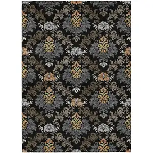 Photo of Black And Charcoal Damask Washable Indoor Outdoor Area Rug