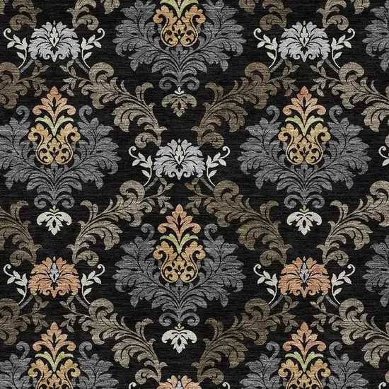 Black And Charcoal Damask Washable Indoor Outdoor Area Rug Photo 2