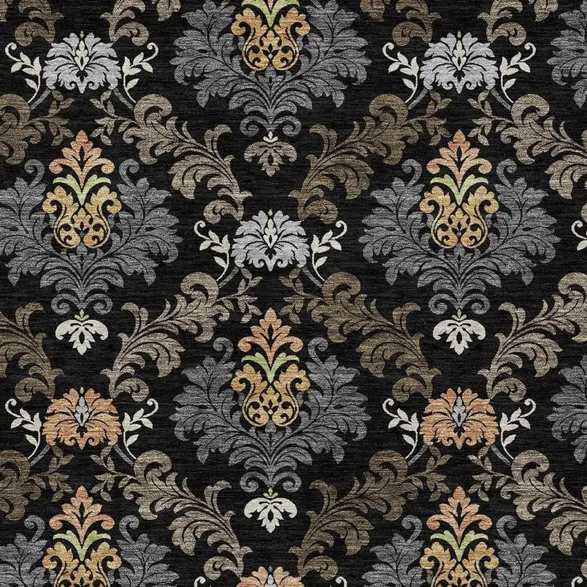 Black And Charcoal Damask Washable Indoor Outdoor Area Rug Photo 2