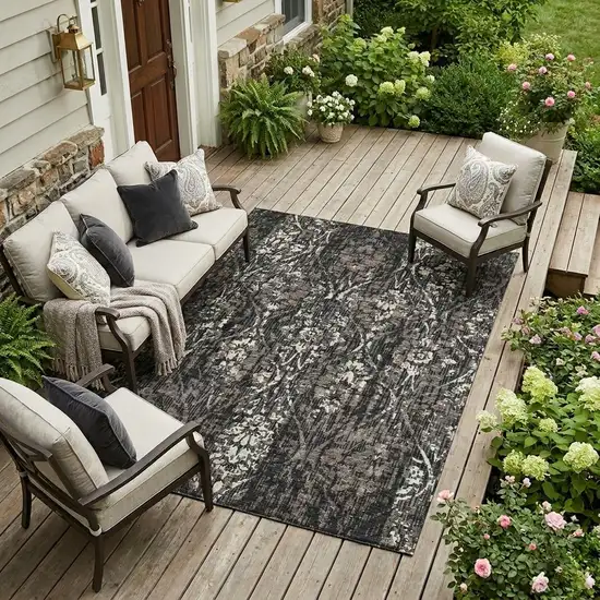 Black And Charcoal Damask Washable Indoor Outdoor Area Rug Photo 1