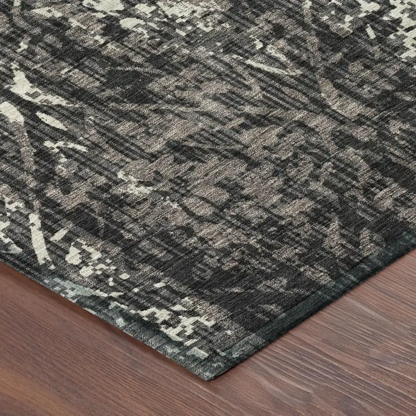 Black And Charcoal Damask Washable Indoor Outdoor Area Rug Photo 5