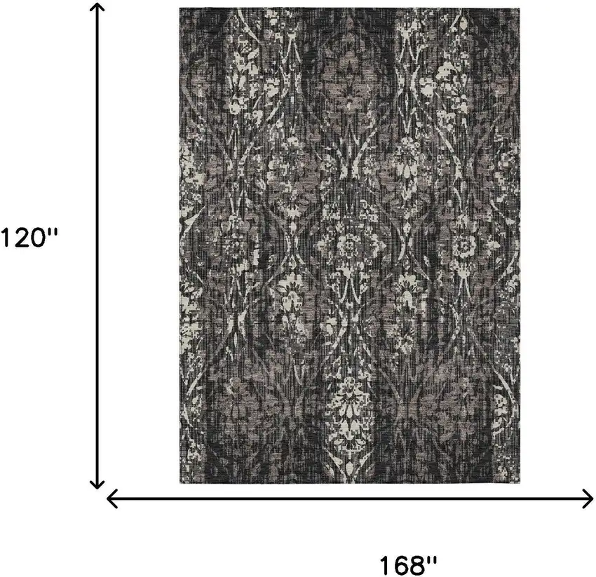 Black And Charcoal Damask Washable Indoor Outdoor Area Rug Photo 7