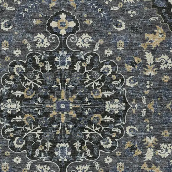 Black And Charcoal Floral Medallion Washable Indoor Outdoor Area Rug Photo 2