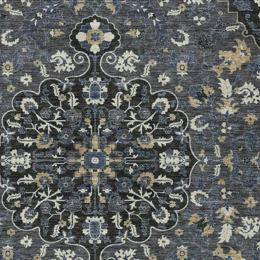 Black And Charcoal Floral Medallion Washable Indoor Outdoor Area Rug Photo 2