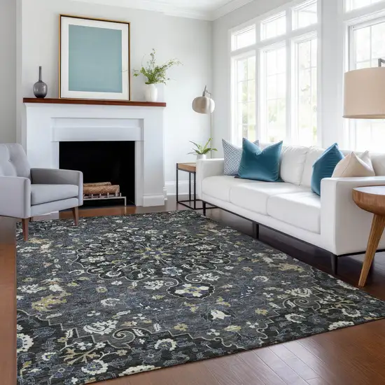 Black And Charcoal Floral Medallion Washable Indoor Outdoor Area Rug Photo 6