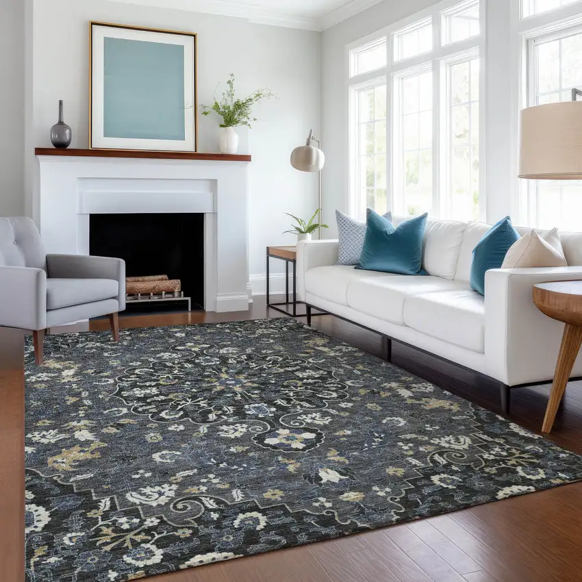 Black And Charcoal Floral Medallion Washable Indoor Outdoor Area Rug Photo 6