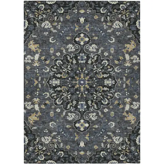 Black And Charcoal Floral Medallion Washable Indoor Outdoor Area Rug Photo 1