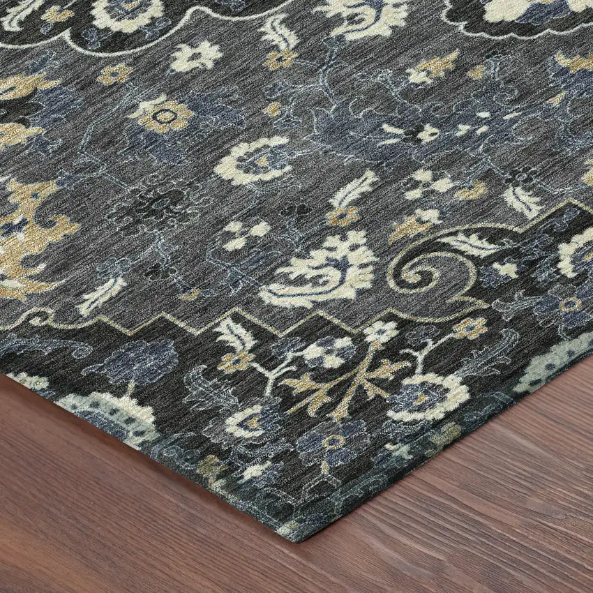 Black And Charcoal Floral Medallion Washable Indoor Outdoor Area Rug Photo 8