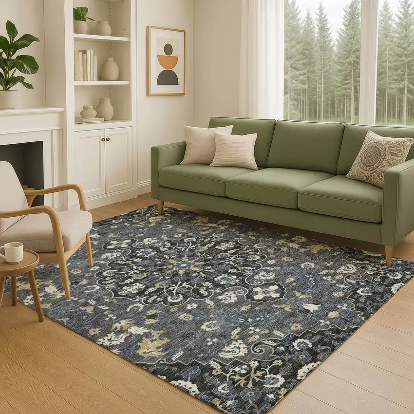 Black And Charcoal Floral Medallion Washable Indoor Outdoor Area Rug Photo 5