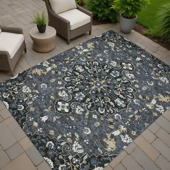 Black And Charcoal Floral Medallion Washable Indoor Outdoor Area Rug Photo 7
